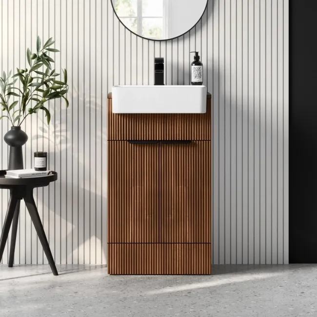 Sicily Fluted Black Walnut Vanity with Semi Recessed Basin 500mm - Black Accents