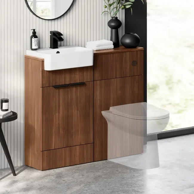 Sicily Fluted Black Walnut Vanity and Back To Wall Toilet Unit 1000mm (No Toilet) - Black Accents