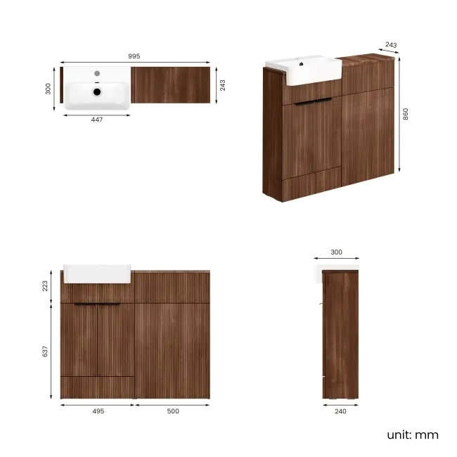 Sicily Fluted Black Walnut Vanity and Back To Wall Toilet Unit 1000mm (No Toilet) - Black Accents