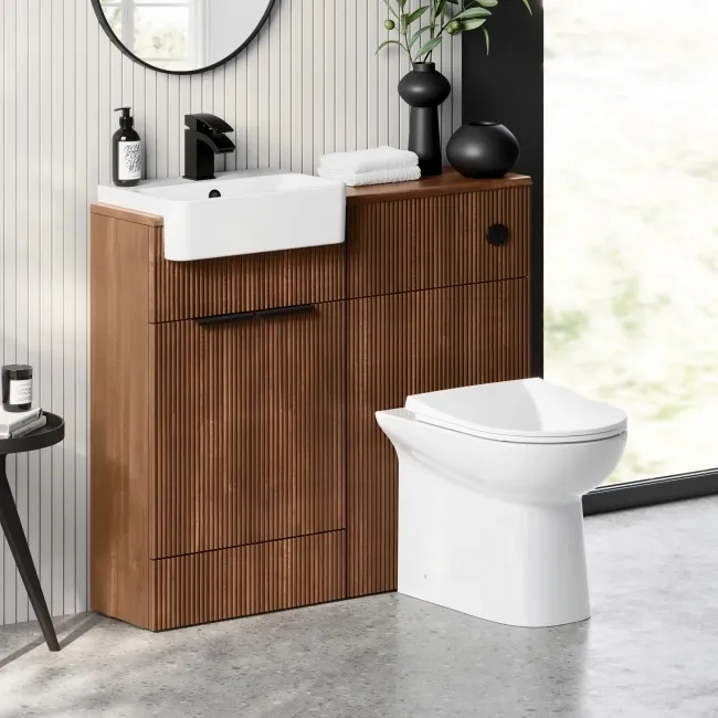 Sicily Fluted Black Walnut Combination Vanity Basin and Aruba Toilet 1000mm - Black Accents
