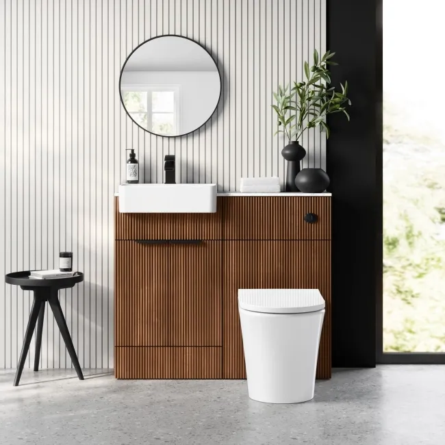 Sicily Fluted Black Walnut Vanity Basin with Marble Top & Tucson Toilet 1000mm - Black Accents