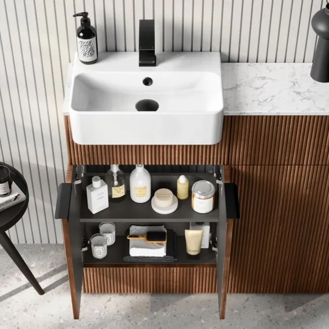 Sicily Fluted Black Walnut Vanity Basin with Marble Top & Tucson Toilet 1000mm - Black Accents