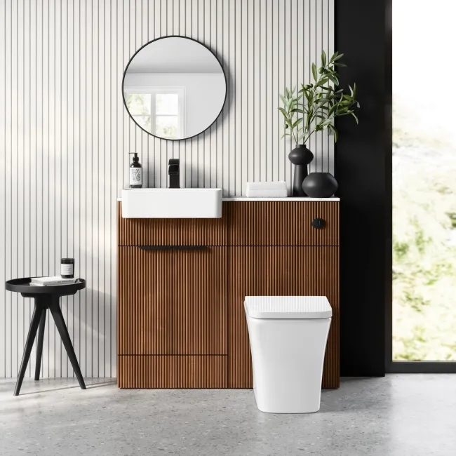 Sicily Fluted Black Walnut Vanity Basin with Marble Top & Houston Toilet 1000mm - Black Accents