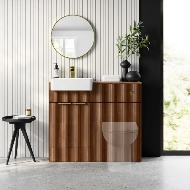 Sicily Fluted Black Walnut Vanity and Back To Wall Toilet Unit 1000mm (No Toilet) - Brass Accents