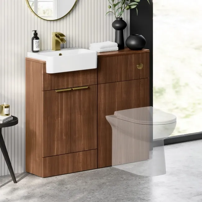 Sicily Fluted Black Walnut Vanity and Back To Wall Toilet Unit 1000mm (No Toilet) - Brass Accents