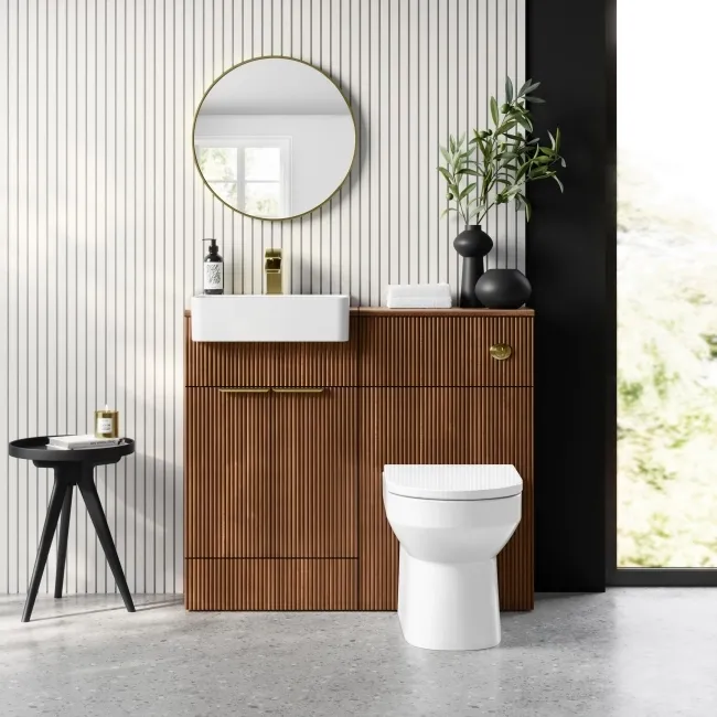 Sicily Fluted Black Walnut Combination Vanity Basin and Miami Toilet 1000mm - Brushed Brass Accents