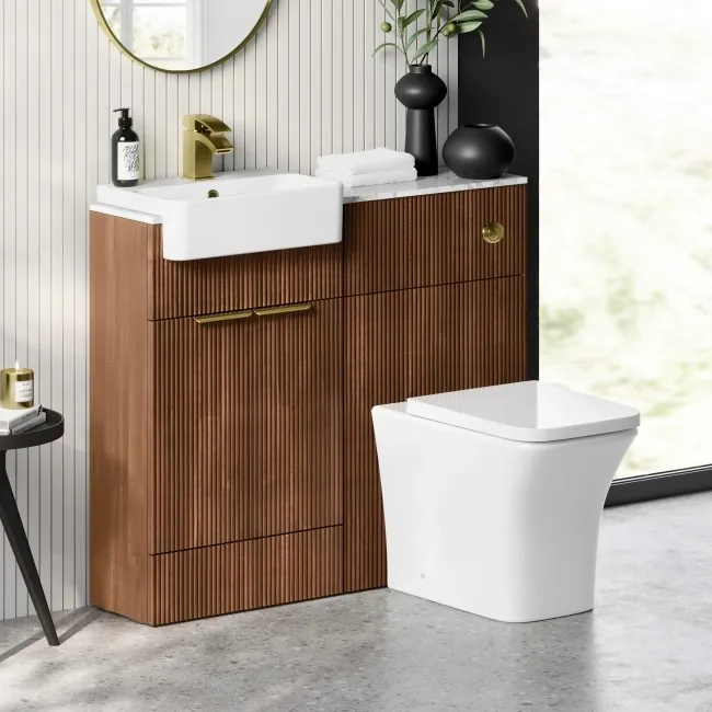 Sicily Fluted Black Walnut Vanity Basin with Marble Top & Houston Toilet 1000mm - Brass Accents