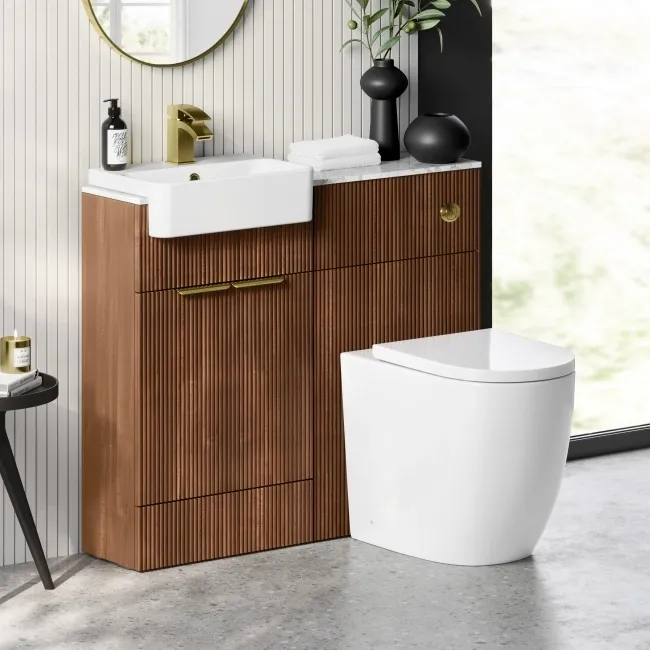 Sicily Fluted Black Walnut Vanity Basin Marble Top & Utah Comfort Toilet 1000mm - Brass Accents