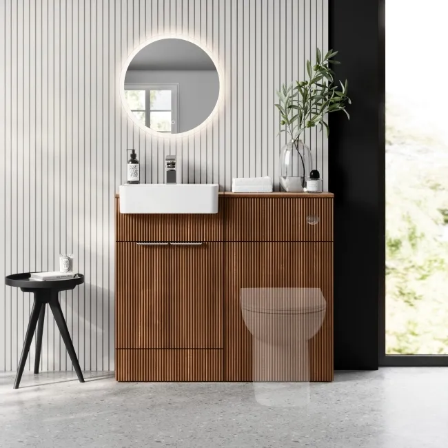 Sicily Fluted Black Walnut Vanity and Back To Wall Toilet Unit 1000mm (No Toilet) - Chrome Handles