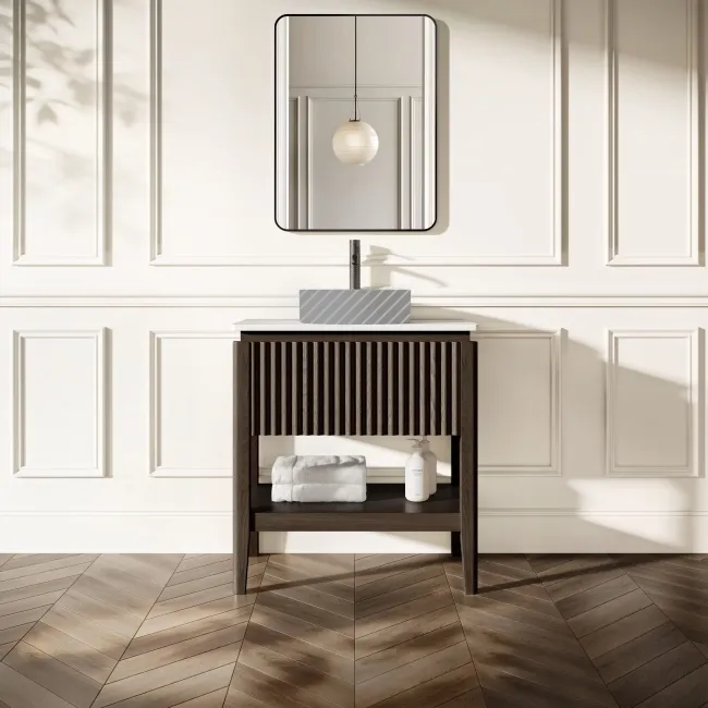 Maru Black Oak Wood Grain Vanity Cabinet 800mm with Matt White Stone Top - Basin Not Included