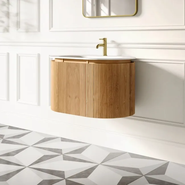Positano Natural Oak Curved Wall Hung Basin Drawer Vanity 800mm