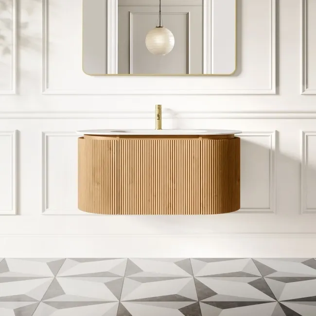 Positano Natural Oak Curved Wall Hung Basin Drawer Vanity 1000mm