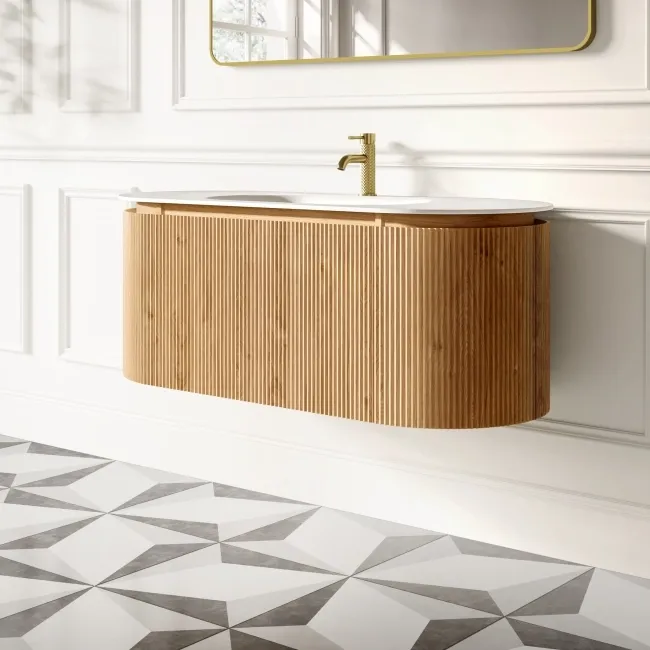 Positano Natural Oak Curved Wall Hung Basin Drawer Vanity 1200mm