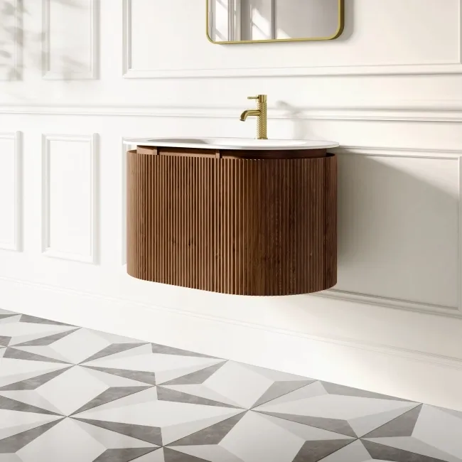 Positano Natural Walnut Curved Wall Hung Basin Drawer Vanity 800mm