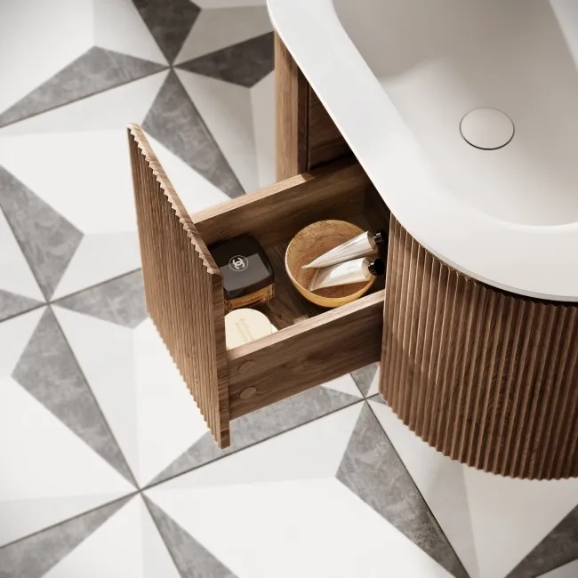Positano Natural Walnut Curved Wall Hung Basin Drawer Vanity 800mm