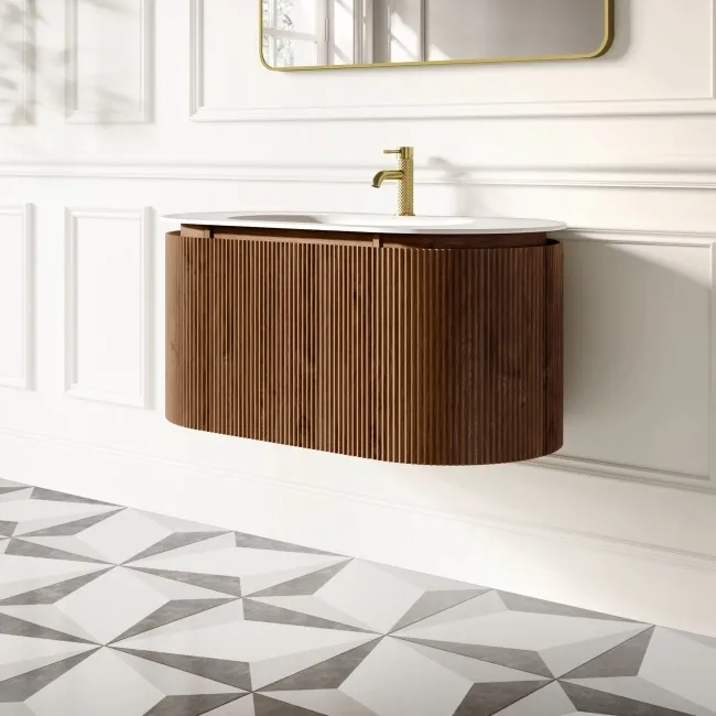 Positano Natural Walnut Curved Wall Hung Basin Drawer Vanity 1000mm