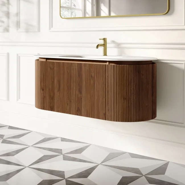 Positano Natural Walnut Curved Wall Hung Basin Drawer Vanity 1200mm