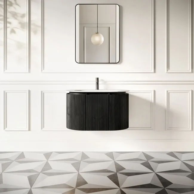 Positano Black Oak Curved Wall Hung Basin Drawer Vanity 800mm