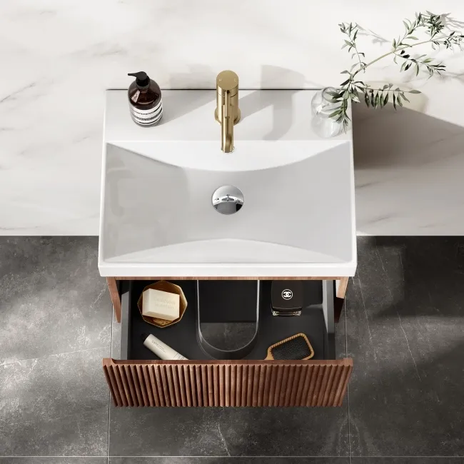 Malta Fluted Black Walnut Wall Hung Basin Drawer Vanity 500mm