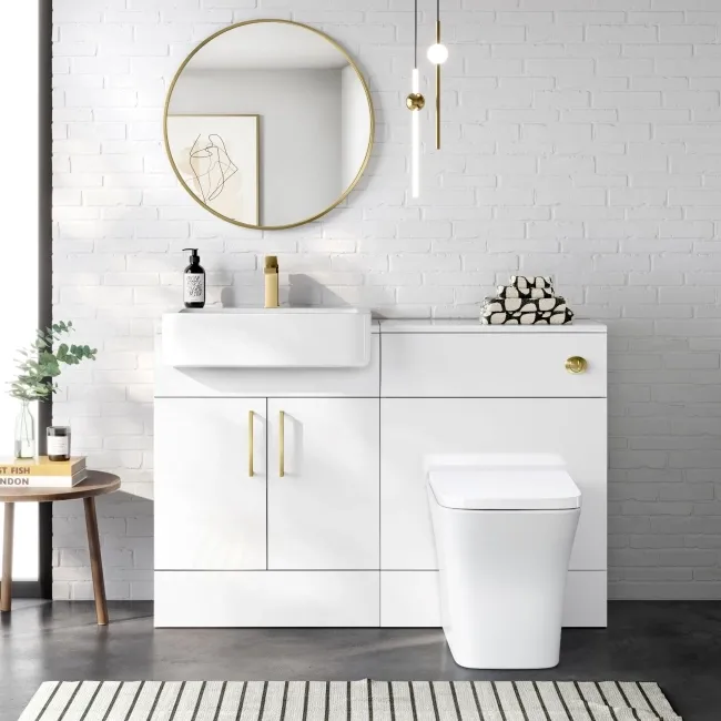 100% Waterproof - Harper Gloss White PVC Vanity Basin and Houston Toilet 1200mm - Brass Accents