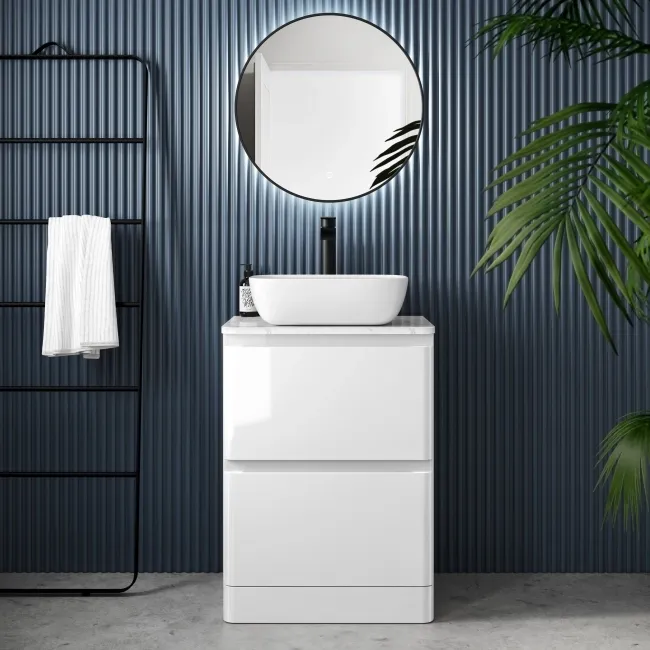 100% Waterproof - Corsica Gloss White PVC Vanity with Marble Top & Curved Counter Top Basin 600mm