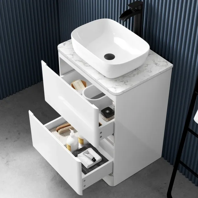 100% Waterproof - Corsica Gloss White PVC Vanity with Marble Top & Curved Counter Top Basin 600mm
