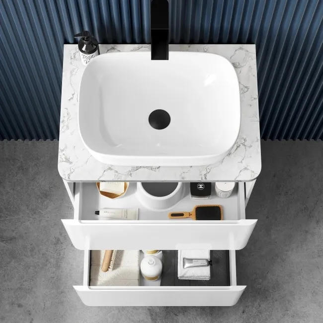 100% Waterproof - Corsica Gloss White PVC Vanity with Marble Top & Curved Counter Top Basin 600mm