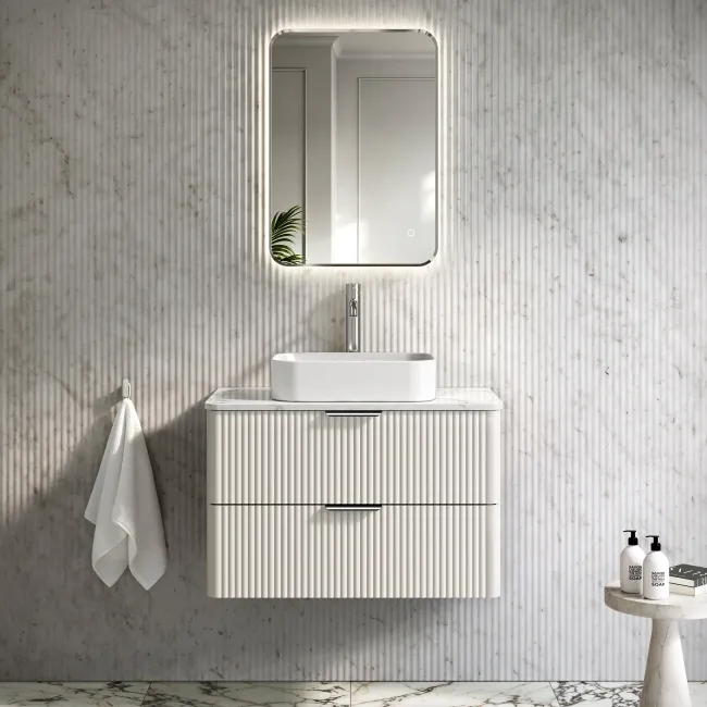 Cadiz Fluted Linen White Wall Hung Drawer Vanity Marble Top & Marin Basin 800mm - Chrome Handles