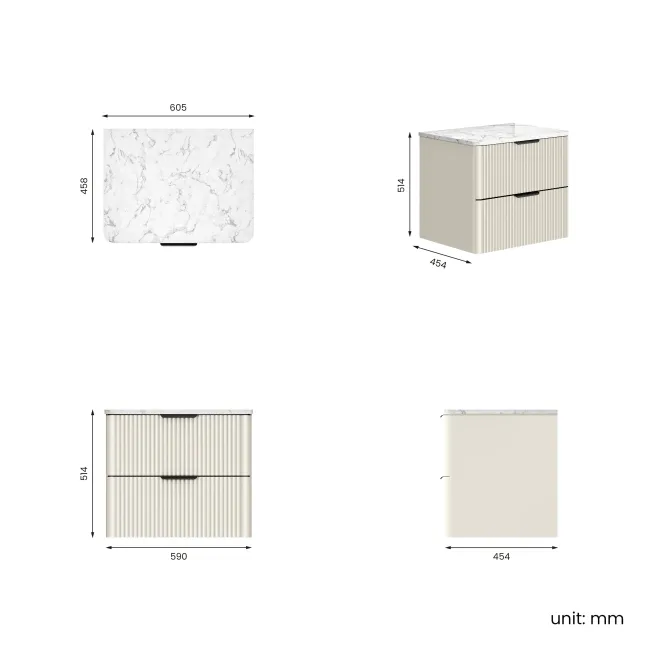 Cadiz Fluted Linen White Wall Hung Drawer Vanity Marble Top 600mm (Excludes Basin) - Black Accents