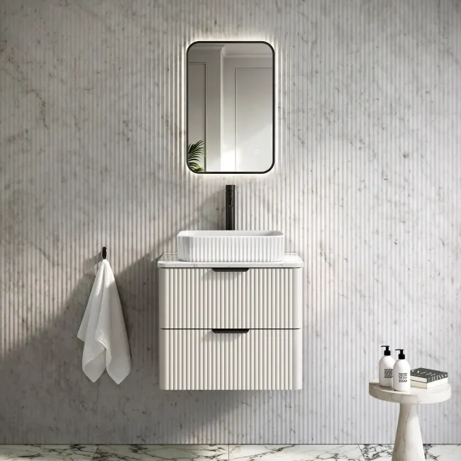 Cadiz Fluted Linen White Wall Hung Drawer Vanity with Marble Top & Reno Basin 600mm - Black Accents