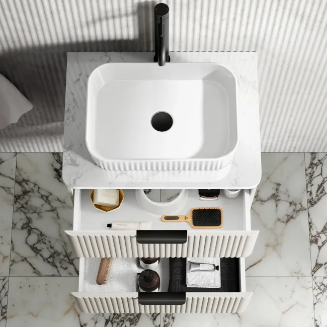 Cadiz Fluted Linen White Wall Hung Drawer Vanity with Marble Top & Reno Basin 600mm - Black Accents