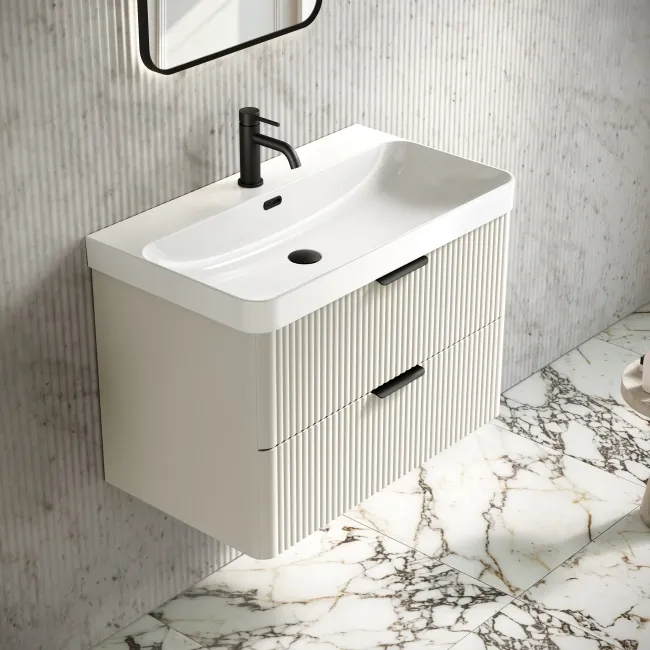 Cadiz Fluted Linen White Wall Hung Basin Drawer Vanity 800mm - Black Accents