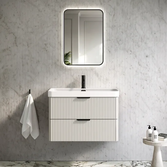 Cadiz Fluted Linen White Wall Hung Basin Drawer Vanity 800mm - Black Accents