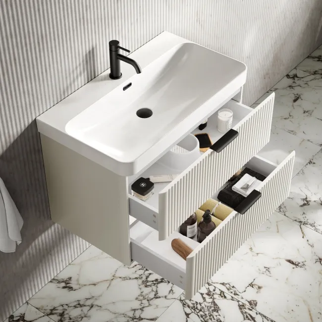 Cadiz Fluted Linen White Wall Hung Basin Drawer Vanity 800mm - Black Accents