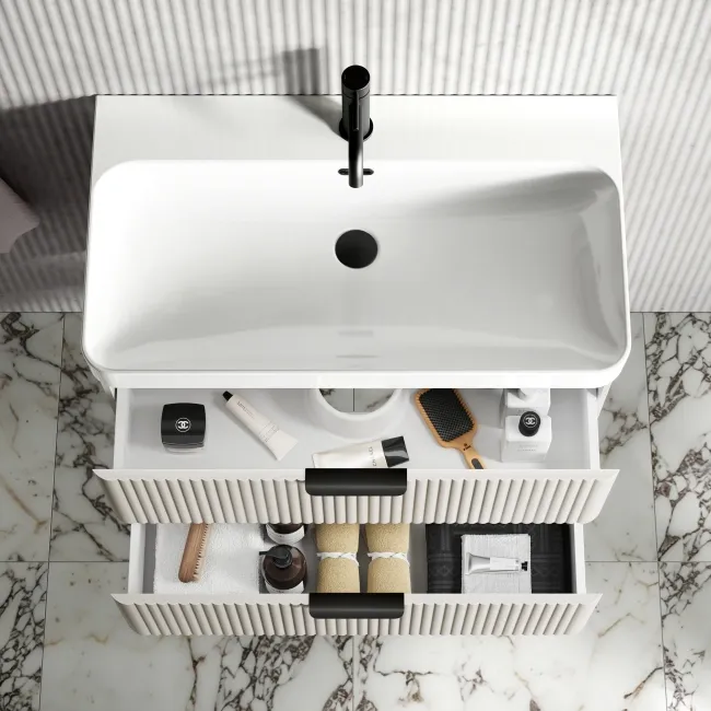 Cadiz Fluted Linen White Wall Hung Basin Drawer Vanity 800mm - Black Accents