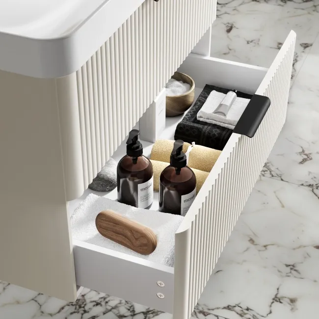 Cadiz Fluted Linen White Wall Hung Basin Drawer Vanity 800mm - Black Accents