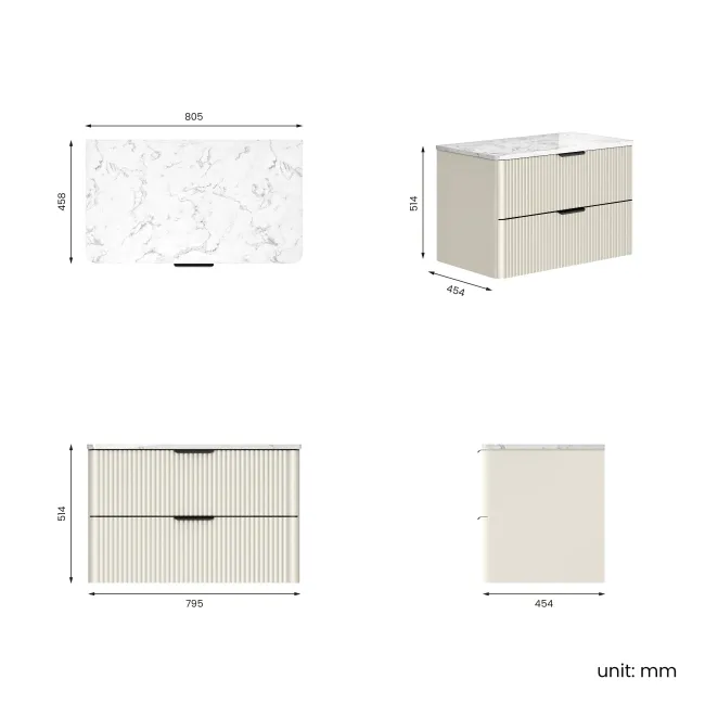 Cadiz Fluted Linen White Wall Hung Drawer Vanity Marble Top 800mm (Excludes Basin) - Black Accents