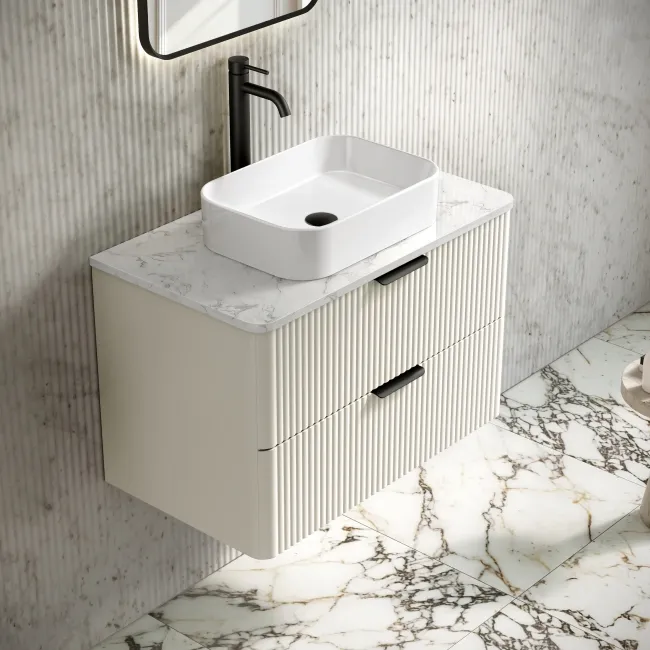 Cadiz Fluted Linen White Wall Hung Drawer Vanity with Marble Top & Marin Basin 800mm - Black Accents