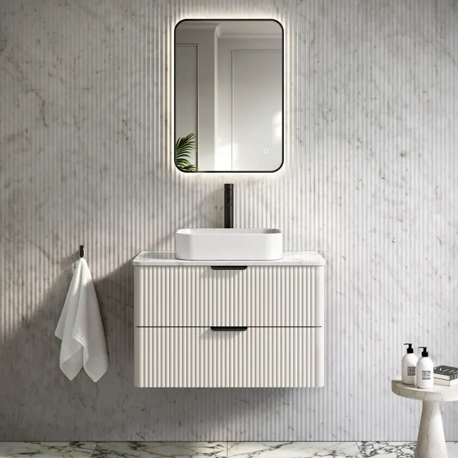 Cadiz Fluted Linen White Wall Hung Drawer Vanity with Marble Top & Marin Basin 800mm - Black Accents