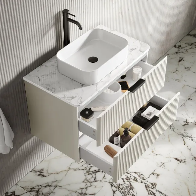 Cadiz Fluted Linen White Wall Hung Drawer Vanity with Marble Top & Marin Basin 800mm - Black Accents