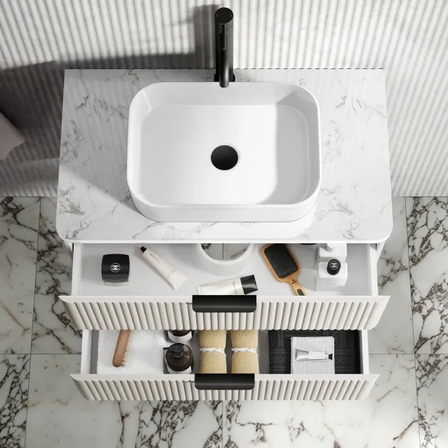 Cadiz Fluted Linen White Wall Hung Drawer Vanity with Marble Top & Marin Basin 800mm - Black Accents