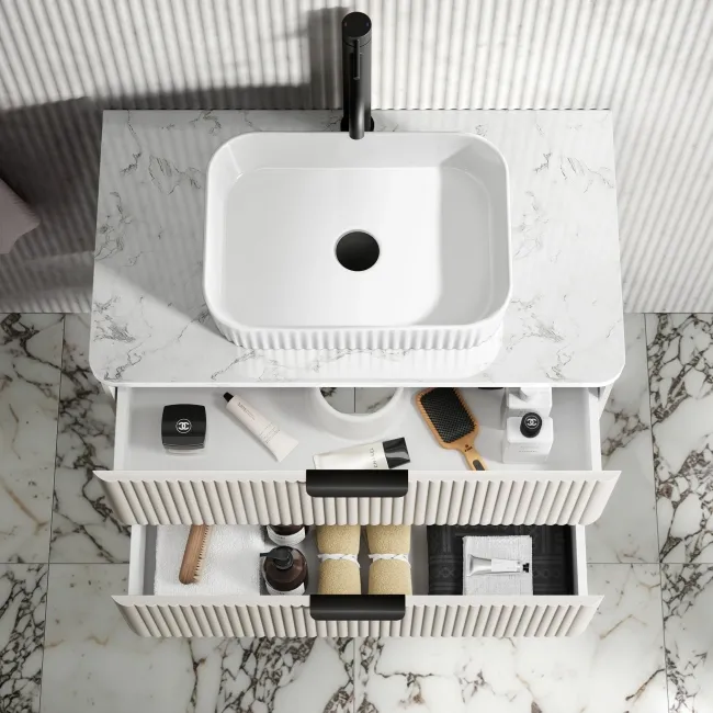 Cadiz Fluted Linen White Wall Hung Drawer Vanity with Marble Top & Reno Basin 800mm - Black Accents