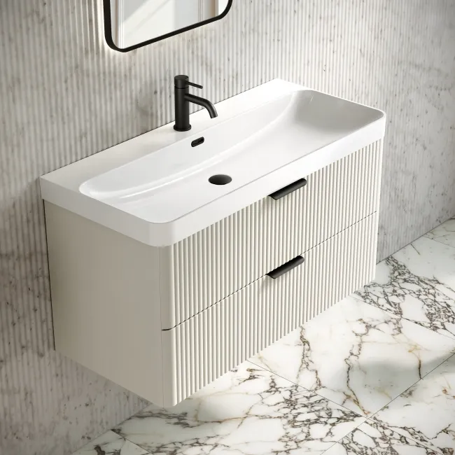 Cadiz Fluted Linen White Wall Hung Basin Drawer Vanity 1000mm - Black Accents