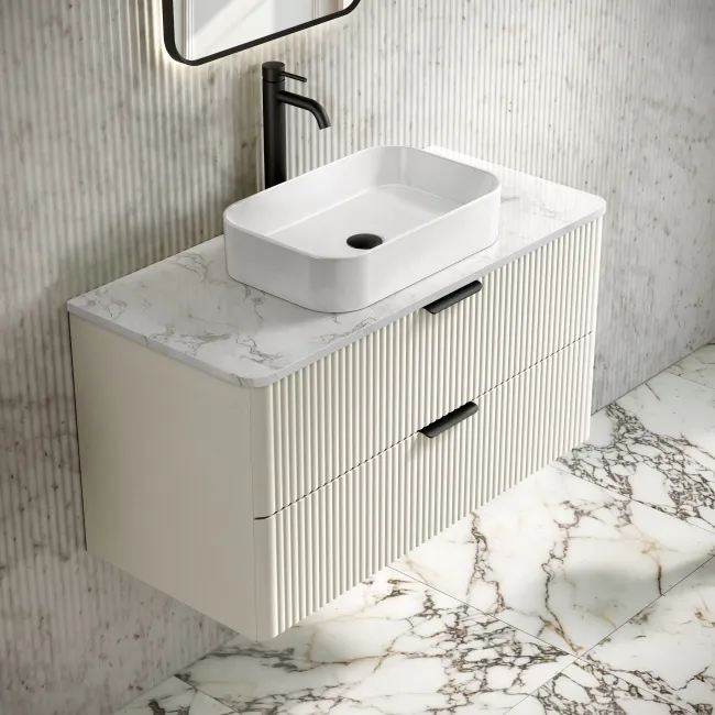 Cadiz Fluted Linen White Wall Hung Drawer Vanity Marble Top 1000mm (No Basin) - Black Accents