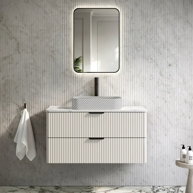Cadiz Fluted Linen White Wall Hung Drawer Vanity Marble Top 1000mm (No Basin) - Black Accents