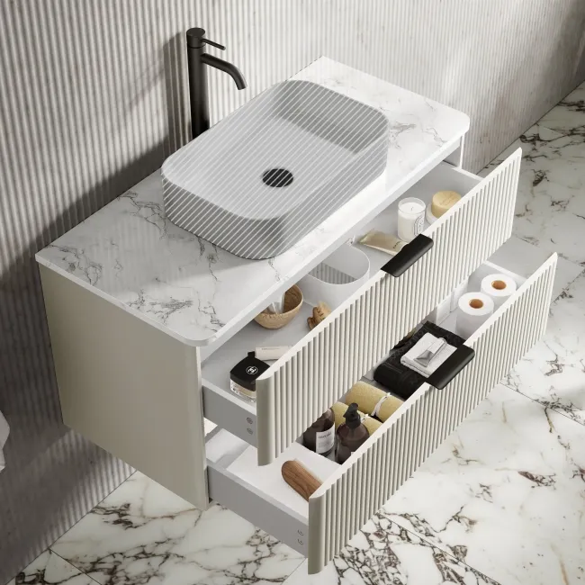 Cadiz Fluted Linen White Wall Hung Drawer Vanity Marble Top 1000mm (No Basin) - Black Accents