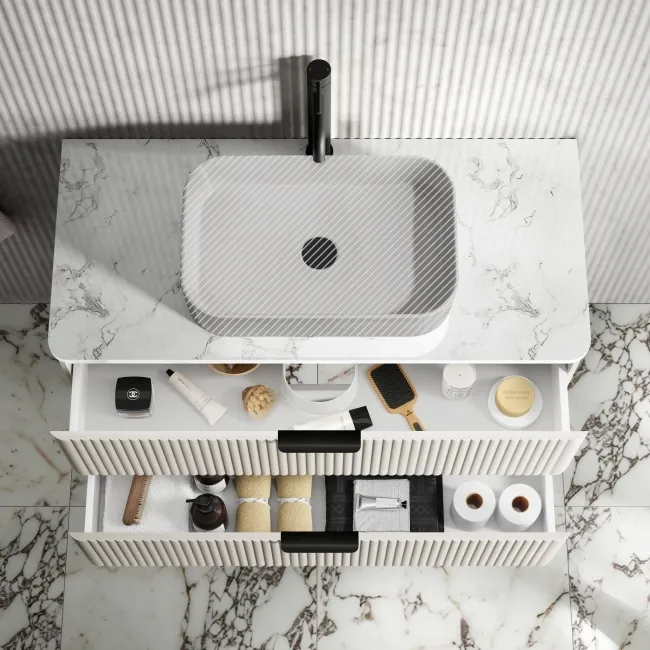Cadiz Fluted Linen White Wall Hung Drawer Vanity Marble Top 1000mm (No Basin) - Black Accents