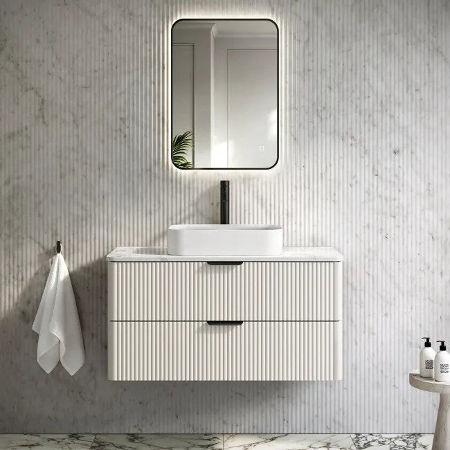 Cadiz Fluted Linen White Wall Hung Drawer Vanity Marble Top & Marin Basin 1000mm - Black Accents