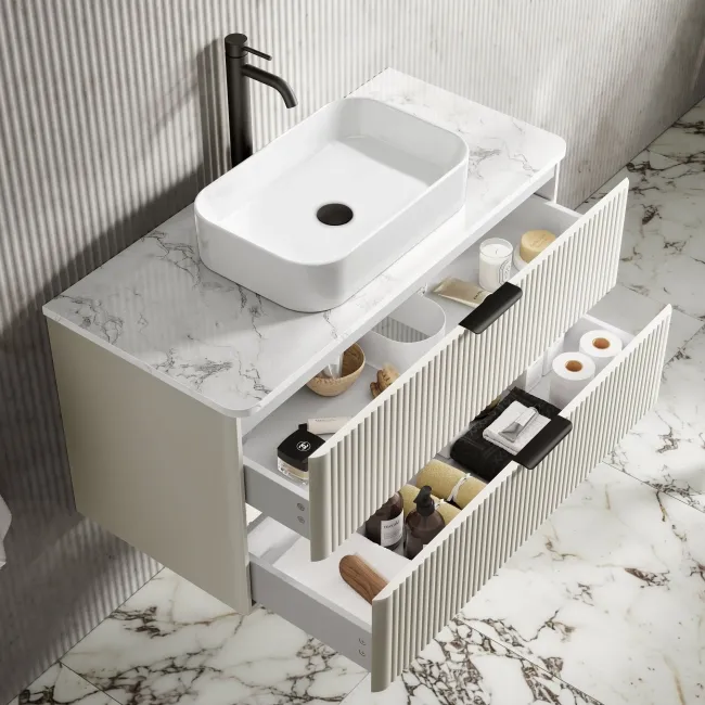 Cadiz Fluted Linen White Wall Hung Drawer Vanity Marble Top & Marin Basin 1000mm - Black Accents