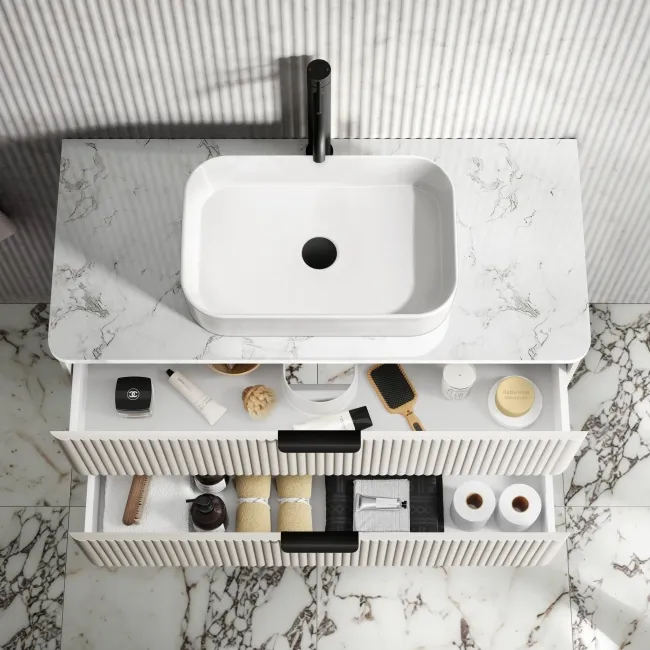 Cadiz Fluted Linen White Wall Hung Drawer Vanity Marble Top & Marin Basin 1000mm - Black Accents